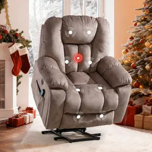 Ebello Home Large Power Lift Recliner Chair | Heat & Massage Ergonomic Chair for Elderly | Light Brown Reclining Chair w/ USB & Cup Holders