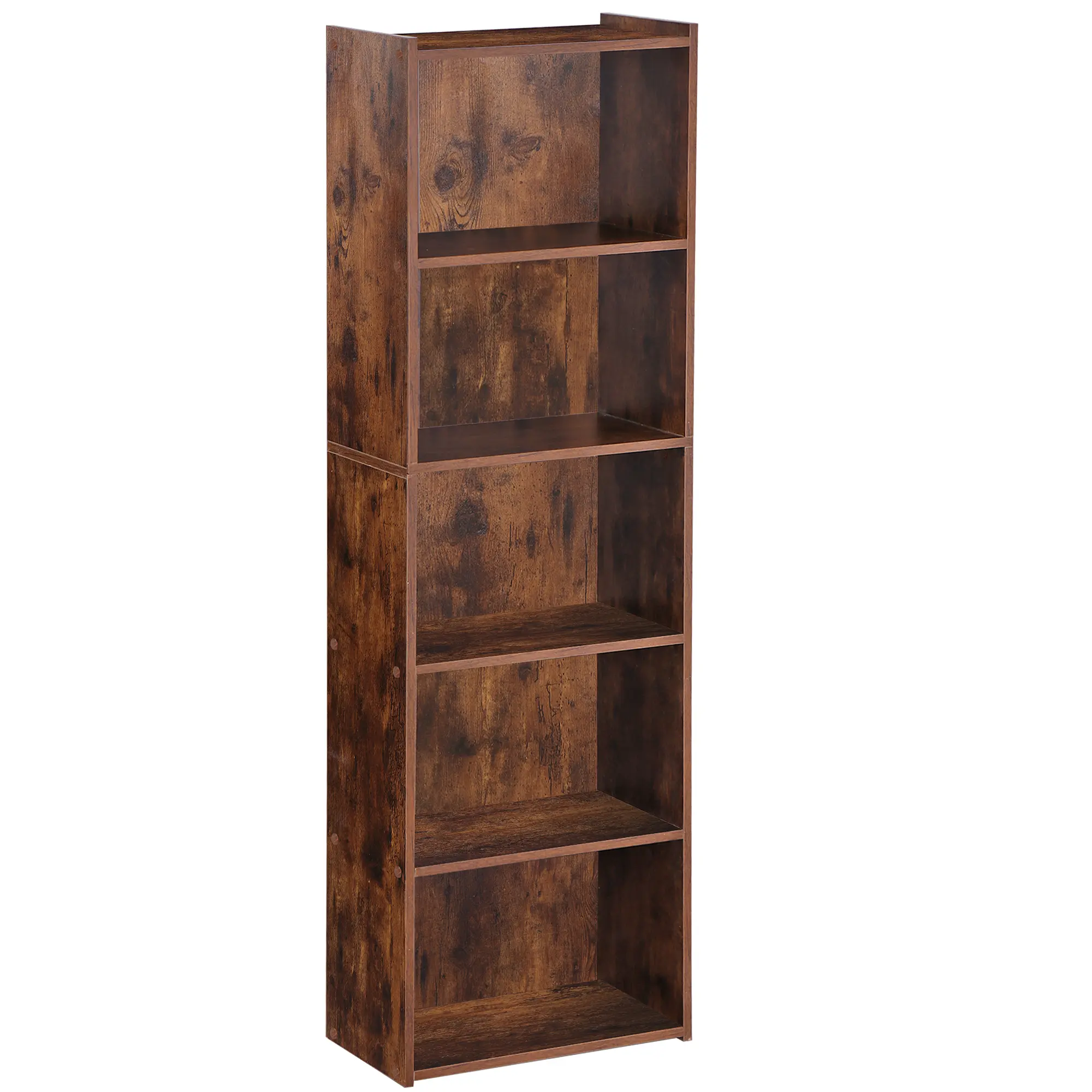 JupiterForce 5-Tier Open Back Bookshelf Book Rack - Small Narrow Retro Rustic Brown Multi Layer Indoor Shelves with Wide Base for Books Storage, Home Room Decor, Small Space Organization