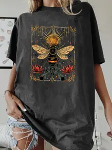 Summer Women's Mystical Tarot Bee Floral Vintage Print Round Neck T-Shirt Fabric, Casual Fitted Top, Letter Pattern, Ca Prop 65 Compliant