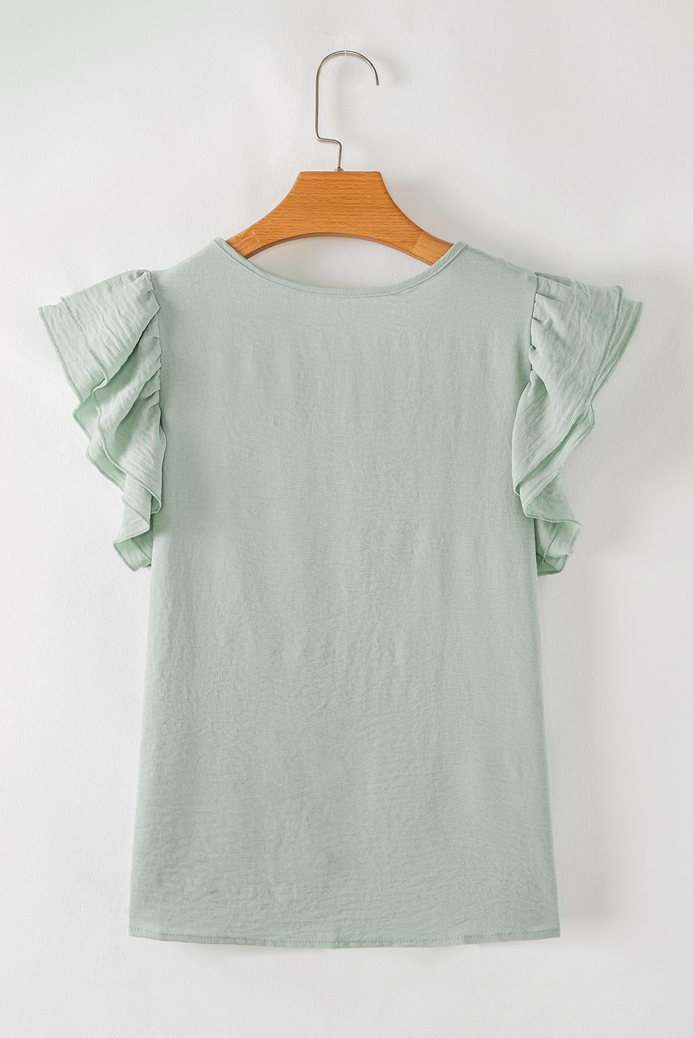Mist Blue Solid Color Ruffled Short Sleeve Casual Blouse