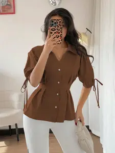 Elegant Solid Color Stand Collar Open Front Half Sleeve Bubble Sleeves Bow Tie Waist Cinching Slim Fit X Shape Women's Shirt