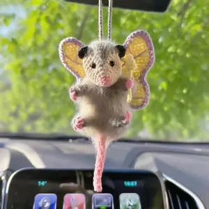 Fairy Possum Car Charm, 2025 Upgraded Opossum Gifts Rearview Mirror Accessory Swinging Car Ornament, Handmade Knitted Screaming Possum Rear View Mirror Pendant Ornament