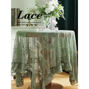 1pc Flower Embroidered Lace Mesh Tablecloth With White/Green Pleated Edge Floral Hollow Out Table Cover, Polyester Rectangular/Circular Embroidered Decorative Tablecloth, Ideal For Kitchen Dining Table, Festival Decoration, Wedding Tablecloth