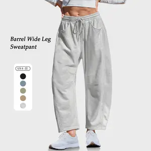 TARSE Women’s Drawstring Barrel Sweatpants Casual Wide Leg Pants Baggy Pants Cotton Comfy Minimalist Elastic Waist Trouser Joggers with Pockets