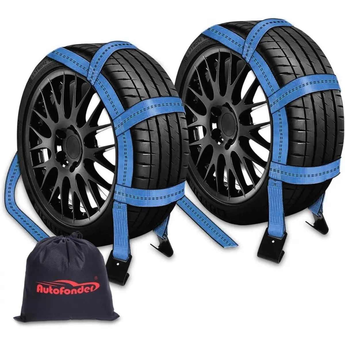 Tow Dolly Straps (2Pc) - Industrial Grade Polyester Webbing, Flat Hook, 14"-17" Tires Fit, 10,000 lbs Breaking Strength, Tire Bonnet & Net, 2" Over Wheel, Rustproof High-Strength Steel Components, Blue, Carrying Bag