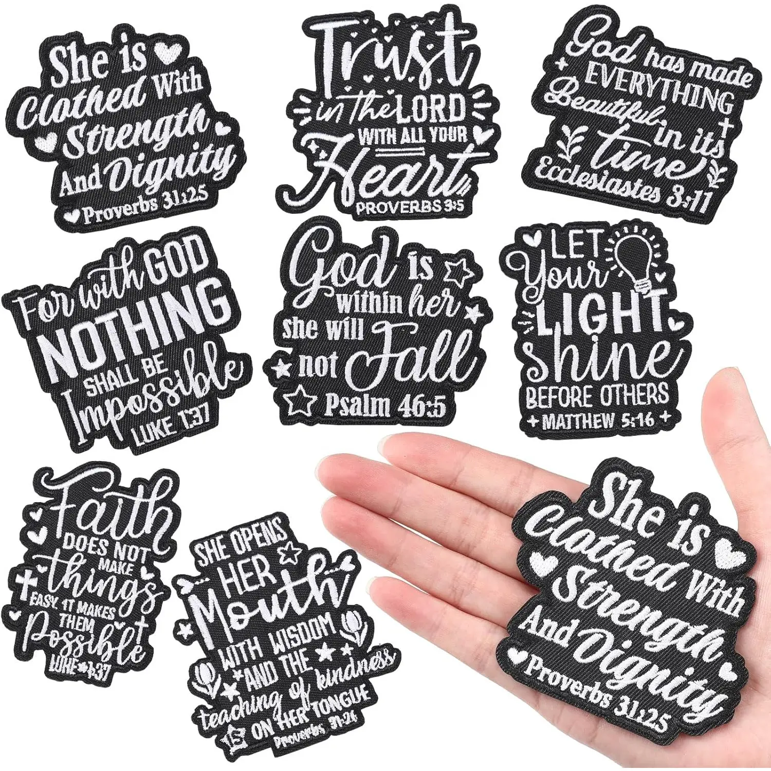 Faithful Women's 8-Piece Polyester Adhesive Patches, 3-Inch Crafted to Last Embroidered Bible Verse Appliques, Iron-On or Sew-On for Jackets, Backpacks to Empower, Bible Verses, 3-3 Inches