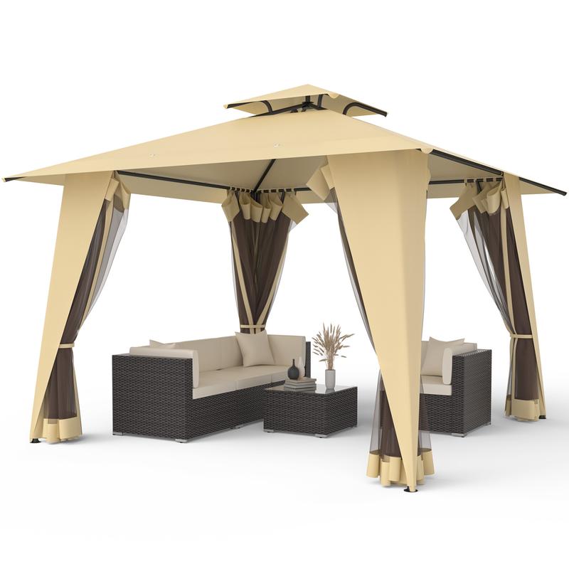 Gazebo, 11.5x11.5 Patio Gazebo Waterproof Canopy Tent UV-Resistant 2-Tier Top Sturdy Outdoor Canopy Tent for Camping with Mosquito Netting for Garden Patio Backyard