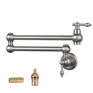 WOWOW Lead-Free Solid Brass 2-Handle Single Hole Kitchen Faucet - Brushed Nickel, Folding Arm Pot Filler, Cold Water Function, US Threads for Restaurants