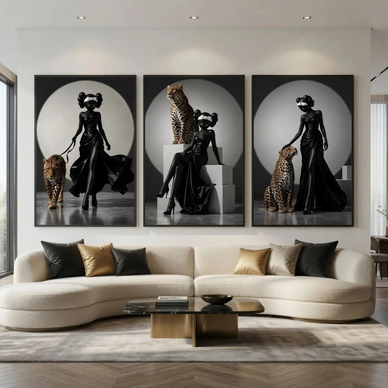 Luxury Fashion Kaws Wall Art Poster Set Of 3, Ellegant Hypebeast Room Decor, Black White Leopard Poster Prints, Kaws Figures Prints 3 piece