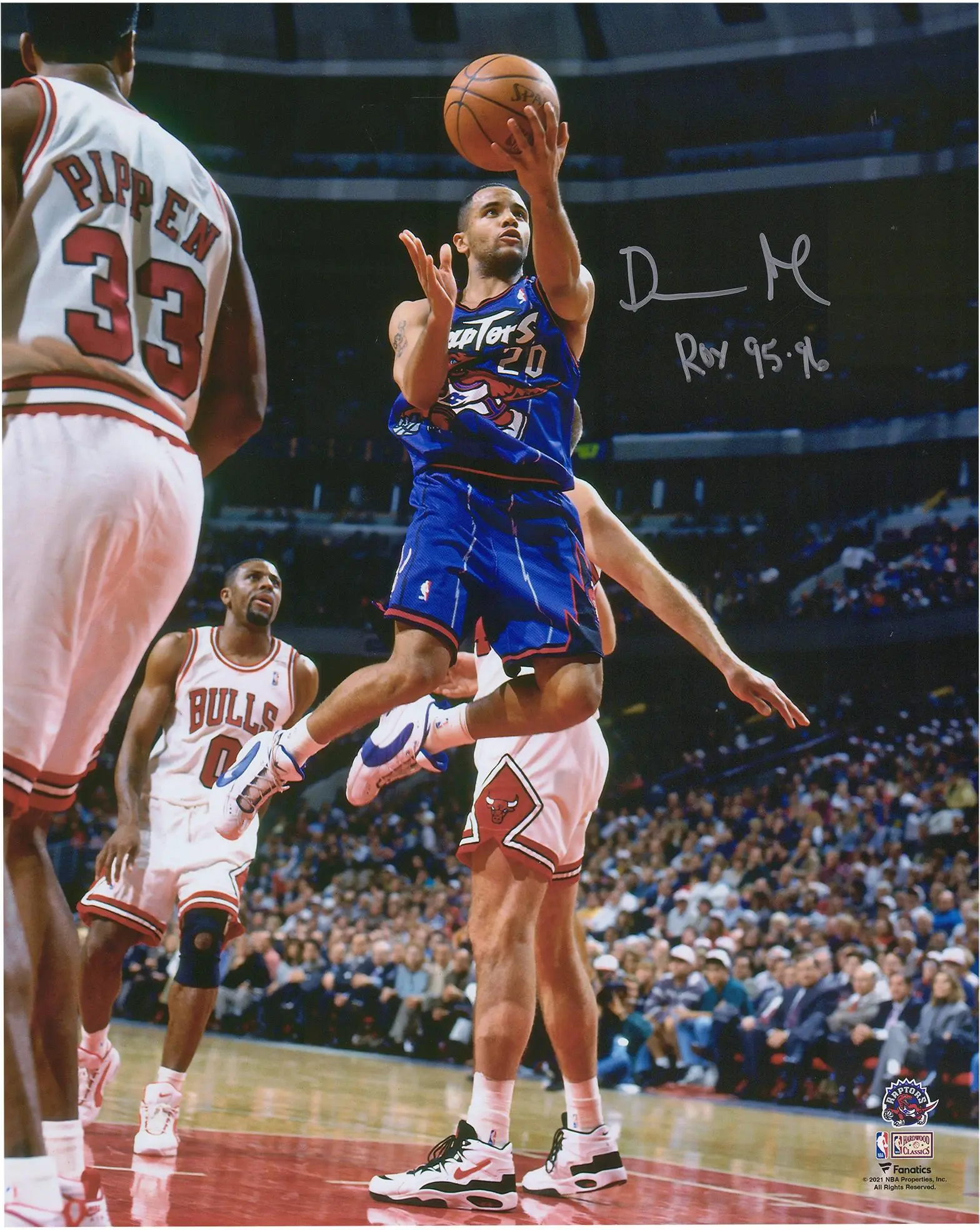 Damon Stoudamire Toronto Raptors Autographed 16" x 20" Lay Up vs. Chicago Bulls Photograph with "ROY 95-96" Inscription - Fanatics Authentic Certified