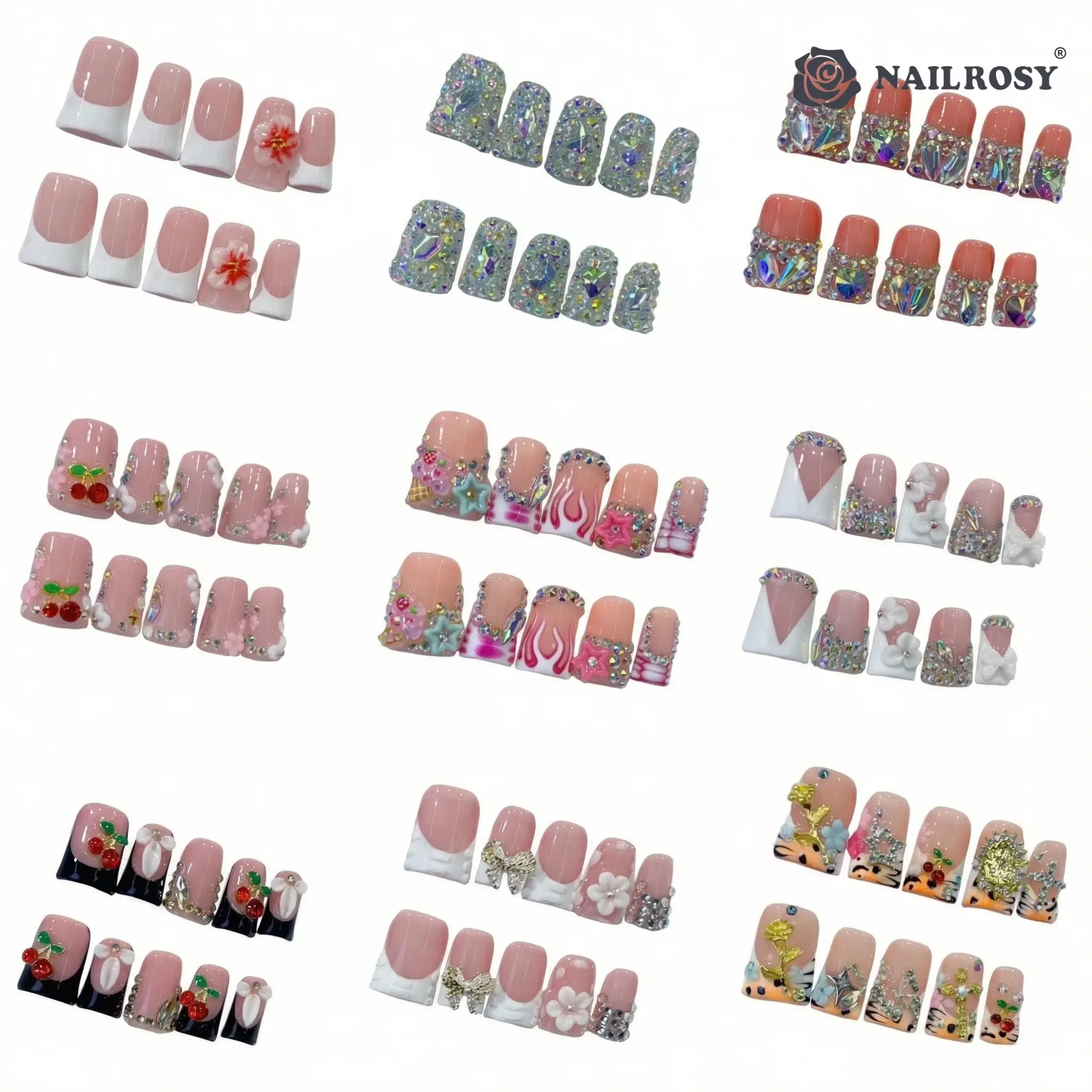 nailrosy Press on Nails, Handmade Reusable Gel Manicure Kit with 3D Petal Floral & Rhinestones, Short Duck French Tips, Glossy Finish for Women, Glossy Fake Nails, Nail Inspo