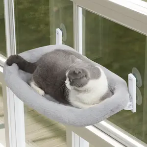 SMONTER Foldable Cat Window Perch - Raised Safety Edges, Removable Cushion & Sturdy Metal Frame with Suction Cups | Cordless Cat Window Hammock, Easy Fold Cat Beds Design for Large Cats and Kittens (Gray) Inside Sun
