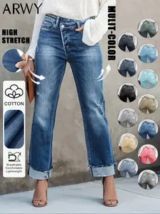 Women's Solid Color Jeans, Casual Comfy Denim Pants for Daily Wear, Ladies Bottoms for All Seasons