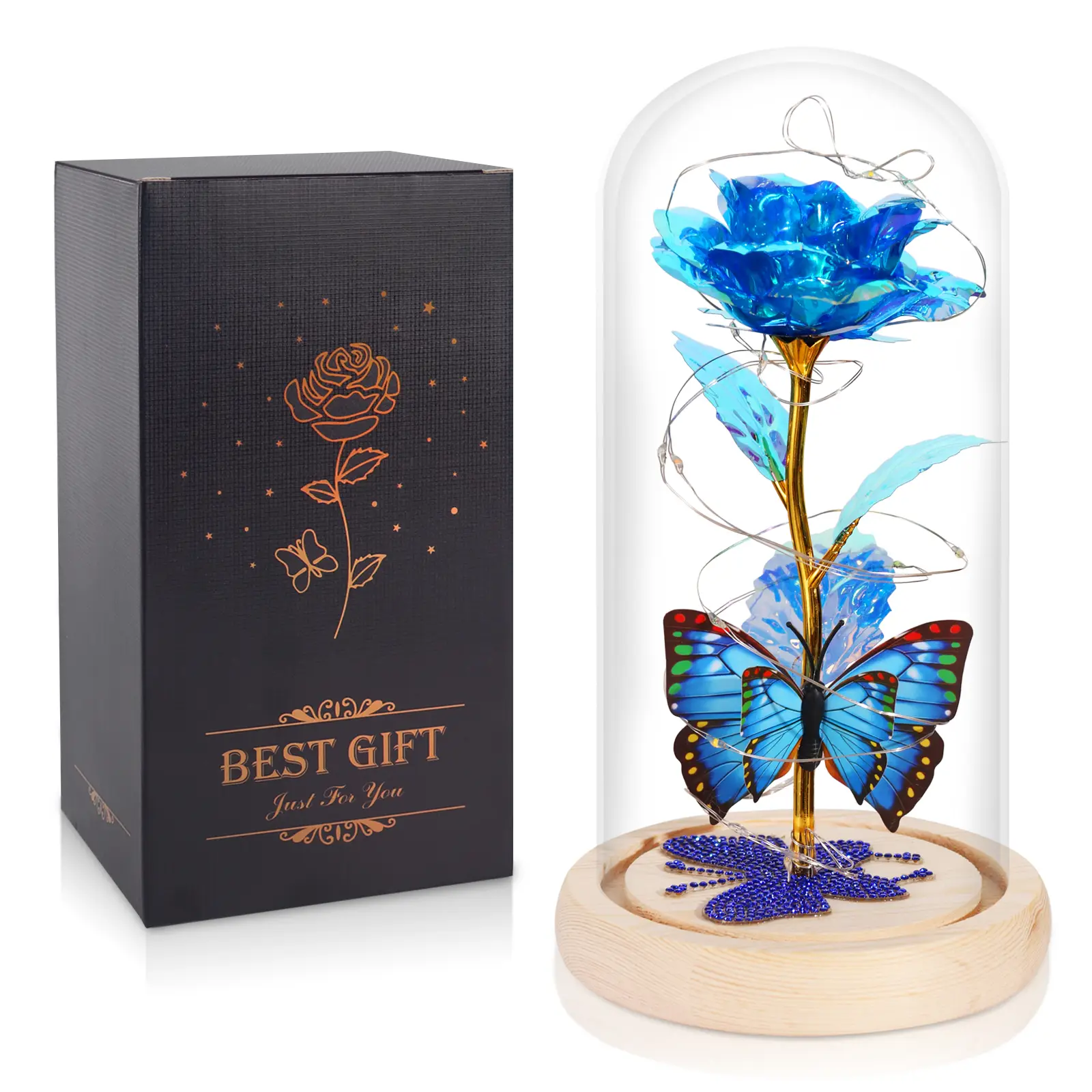 DEEMEI Memorial Day Gifts Idea for Mom Eternal Flower Light Up Galaxy Rose in Glass Dome with Butterfly, Birthday Gifts for Women Grandma Girlfriend