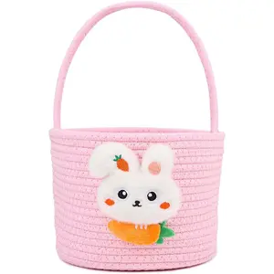Easter Basket for Kids, Woven Bunny Eggs Basket with Handle Gifts Tote Bag Candies Buckets for Boys Girls Toddler Baby Decorations Pink