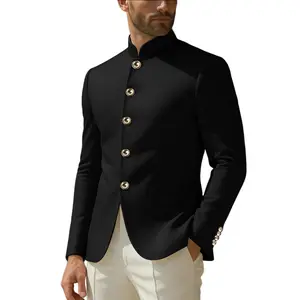 INCERUN Men's Spring/Autumn Black Slim-Fit Mandarin/Military Style Gold Button Jacket Occasion Creative Formal Gala Party Retro Military COSPLAY