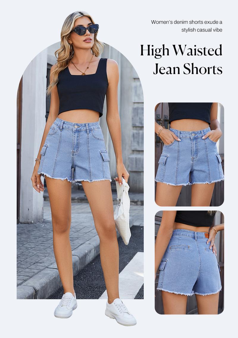 Sidefeel Womens  Jean Shorts Casual Summer High Waisted Stretchy Denim Shorts with Raw Hem and Multi Pockets