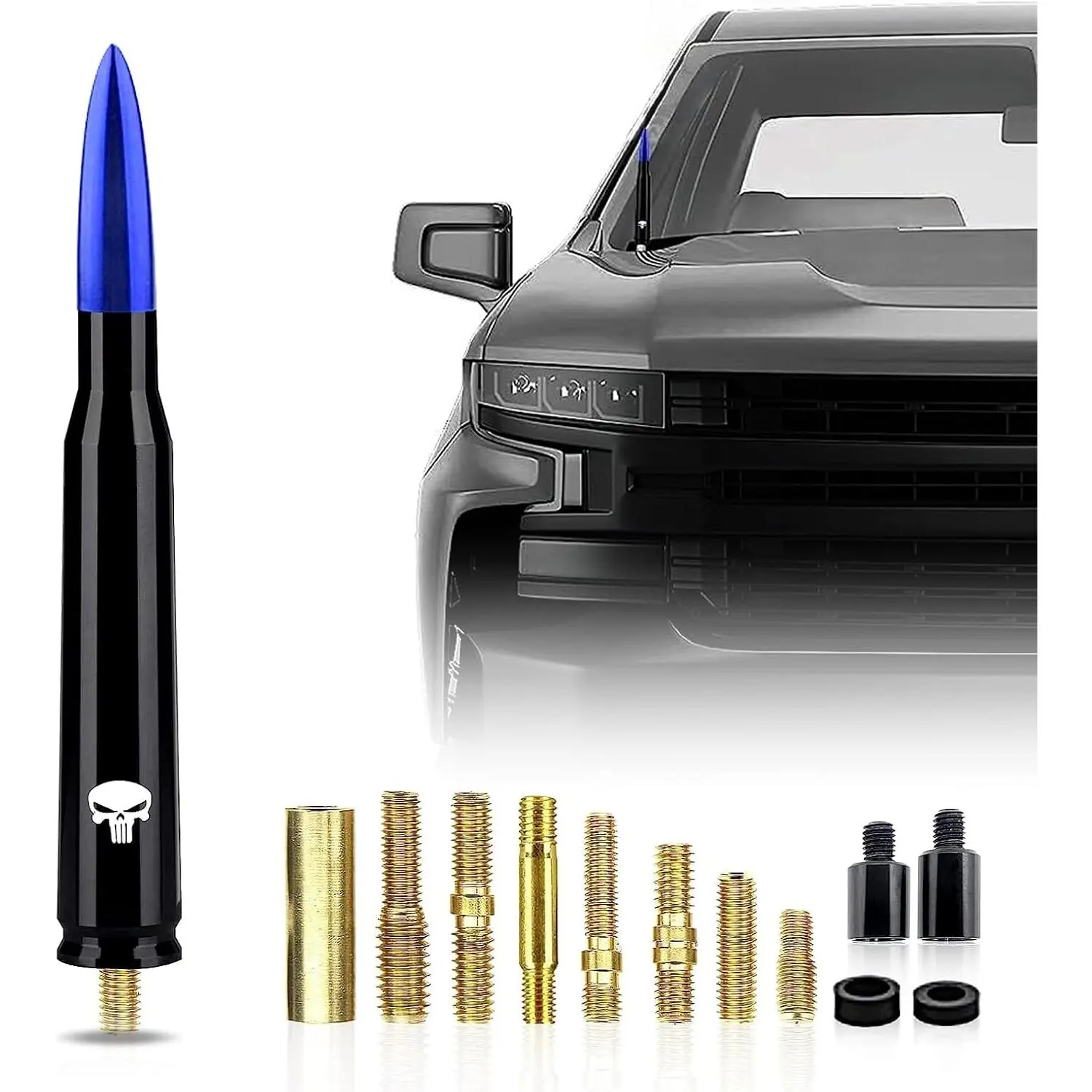 1 PC Metal-Rubber Car Bullet Antenna, Skull Pattern Mast That Turns Heads, Heavy Duty Pickup Truck Accessory Fit for Chevy Silverado 1500-3500 HD, Chevy Avalanche, GMC Sierra 1500-3500 Denali (Blue, Ideal Gift)