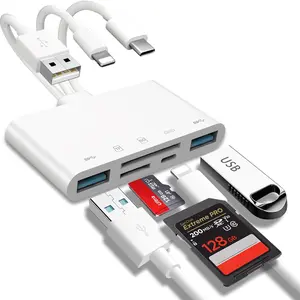5-in-1 Memory Card Reader, USB OTG Adapter & SD Card Reader for i-Phone, i-Pad, USB-C, USB-A Devices, with Micro SD SD Card Slots, Supports SD/Micro SD/SDHC/SDXC/MMC