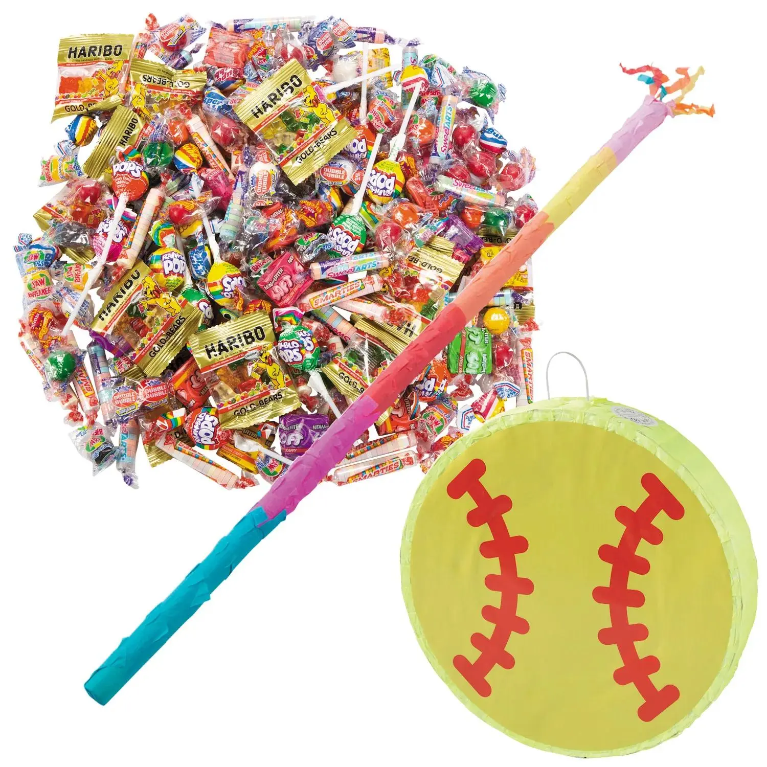 Softball Party Piñata Kit - 208 Pieces, Festive Party Decorations, Softball Swing Fun, Double Bubble Gum, Fireball Candy Mix