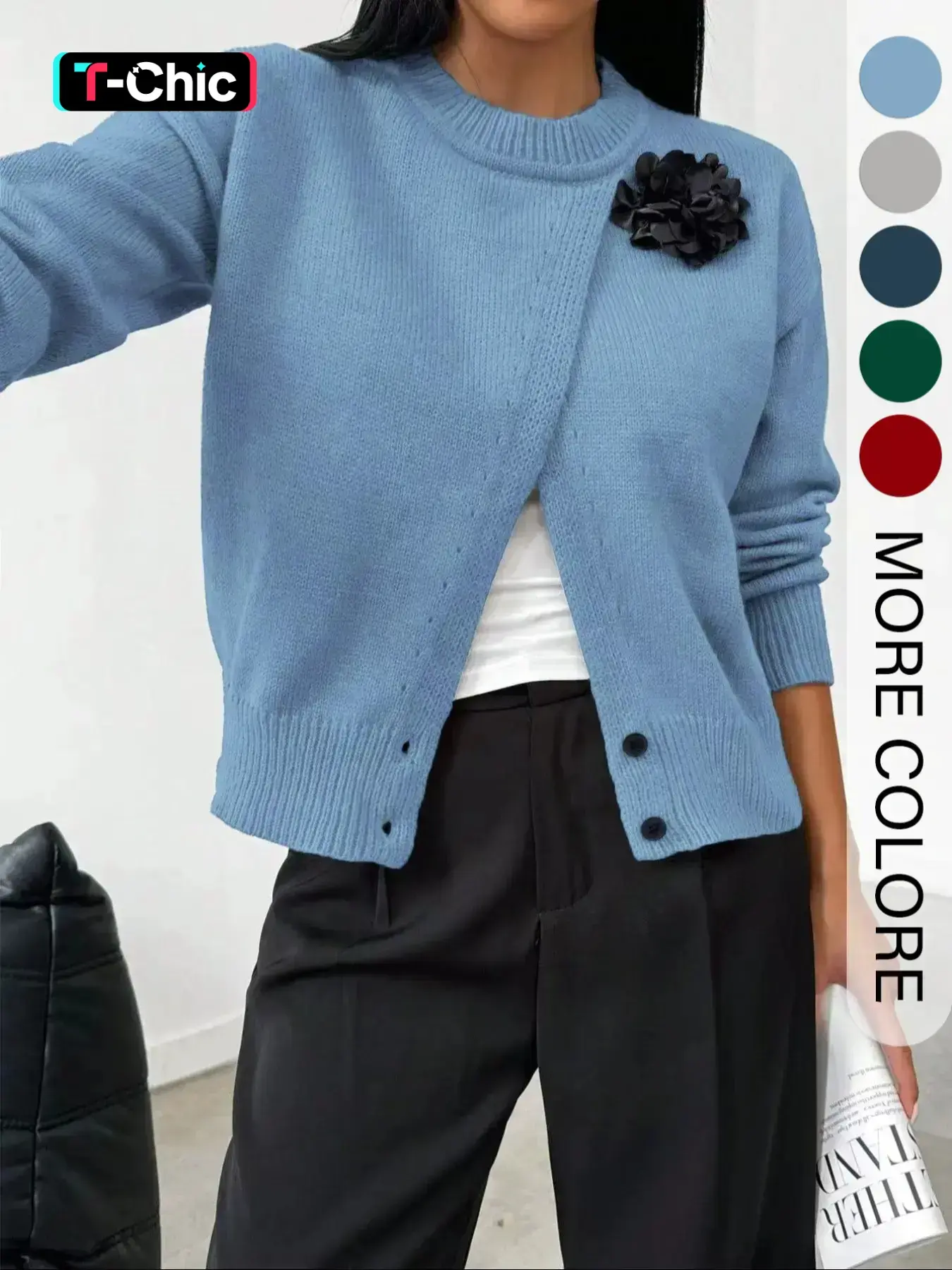 Women's Casual Knit Pullover Sweater, Round Neck Long Sleeve Button Front Split Design, Fall & Winter Fashion Knitwear Womenswear Fabric
