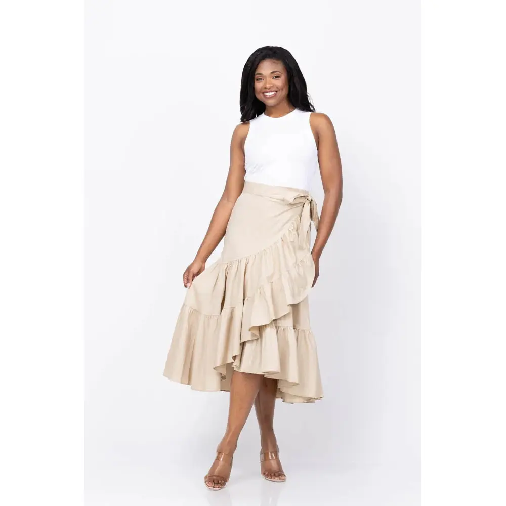 Women's Cinq à Sept Mahlia Sleeveless Tiered Midi Wrap Dress - White Khaki, Size S, Elegant Festival Wear, Wedding Guest Outfit with Side Tie, Elegant Dresses