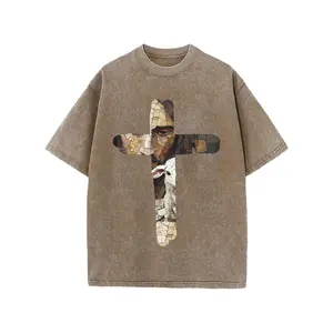230g Washed, Men's Summer T-shirt with Saint and Lamb Print on the Cross, High-quality Wax Printed Cotton Casual T-shirt, Suitable for Street and Outdoor Activities, Holiday Gifts, Perfect Gift graphic tees
