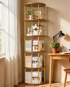 【Clearance Sale】5-Tier 360° Rotating Gold Bookshelf, Sturdy Spinning Bookcase, Narrow Space-Saving Corner Shelf, Tall Swivel Display Rack for Bedroom, Living Room, Office, Small Spaces