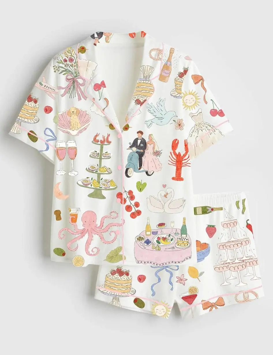 Watercolor Wedding Pajamas, Dolce Vita Bridal Party Gift, Whimsical Summer Satin Pjs, Hand Drawn Aesthetic Loungewear, Luxury Bride Set, Simple Style, Wardrobe Staple, For Any Season