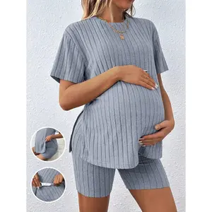 Women's Casual Loose Fit Round Neck T-Shirt With Adjustable Elastic Waist Shorts, Maternity Outfit