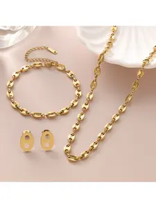 Stainless Steel Coffee Bean Chain Jewelry Set, Gold Plated Mariner Link Necklace, Bracelet and Stud Earrings for Women