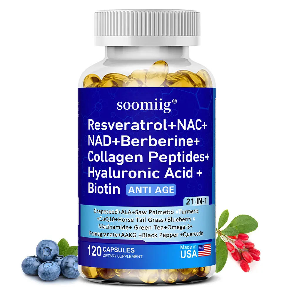 Soomiig 21-in-1 Anti-Aging Vitamin Healthy Supplement - NAD, Resveratrol, Collagen Peptides, Biotin, Vegan, Gluten Free - Supports Cellular Energy, Hair Skin Nails - 120 Capsules, Dietary Supplement
