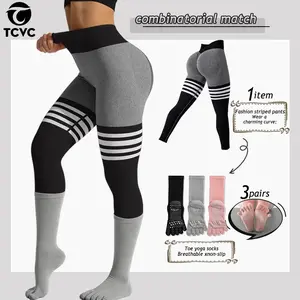 TCVC Women's Scrunch Butt Lifting Workout Leggings - High Waist Striped Booty Yoga Pants Seamless Gym Tights + 3 Pairs Breathable Non-Slip Toe Yoga Socks Set