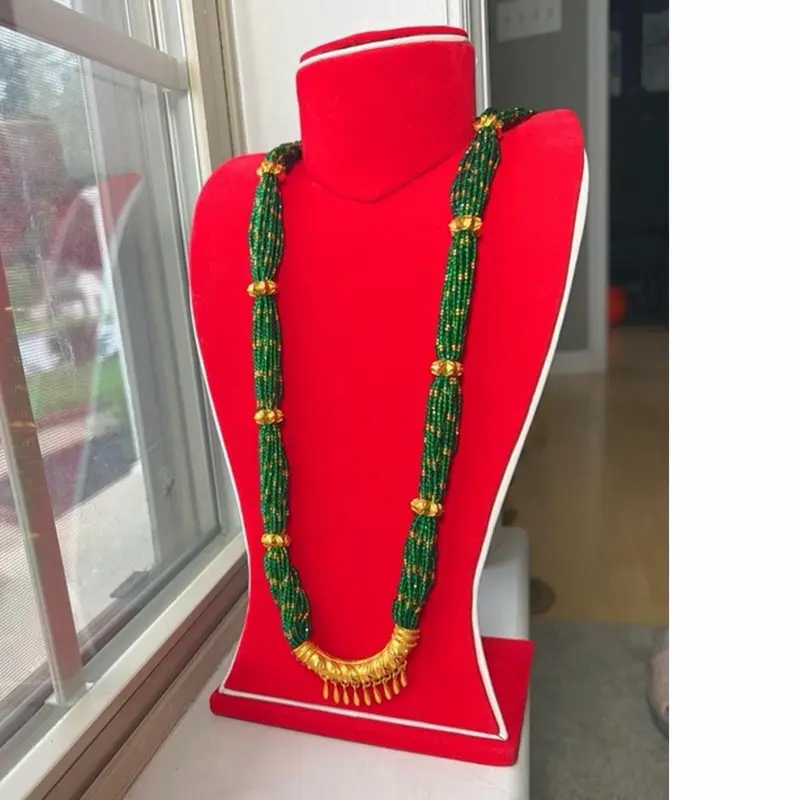 Mix Hydro C Tilhari Gedi for Special Occasion - Green and red Beaded Necklace with Gold Accents