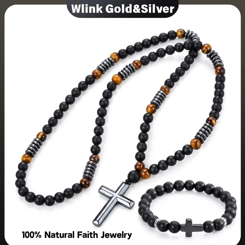 Men Cross Jewelry Set, Matte Black Stone Tiger Eye Beaded Rosary Cross Necklace & Bracelet for Him, 31.5 Inch Prayer Cross Pendant Neck Chain 7.87 Inch Stretch Bracelet, Skin Friendly Christian Religious Faith Jewelry Gift for Father Husband Son hand