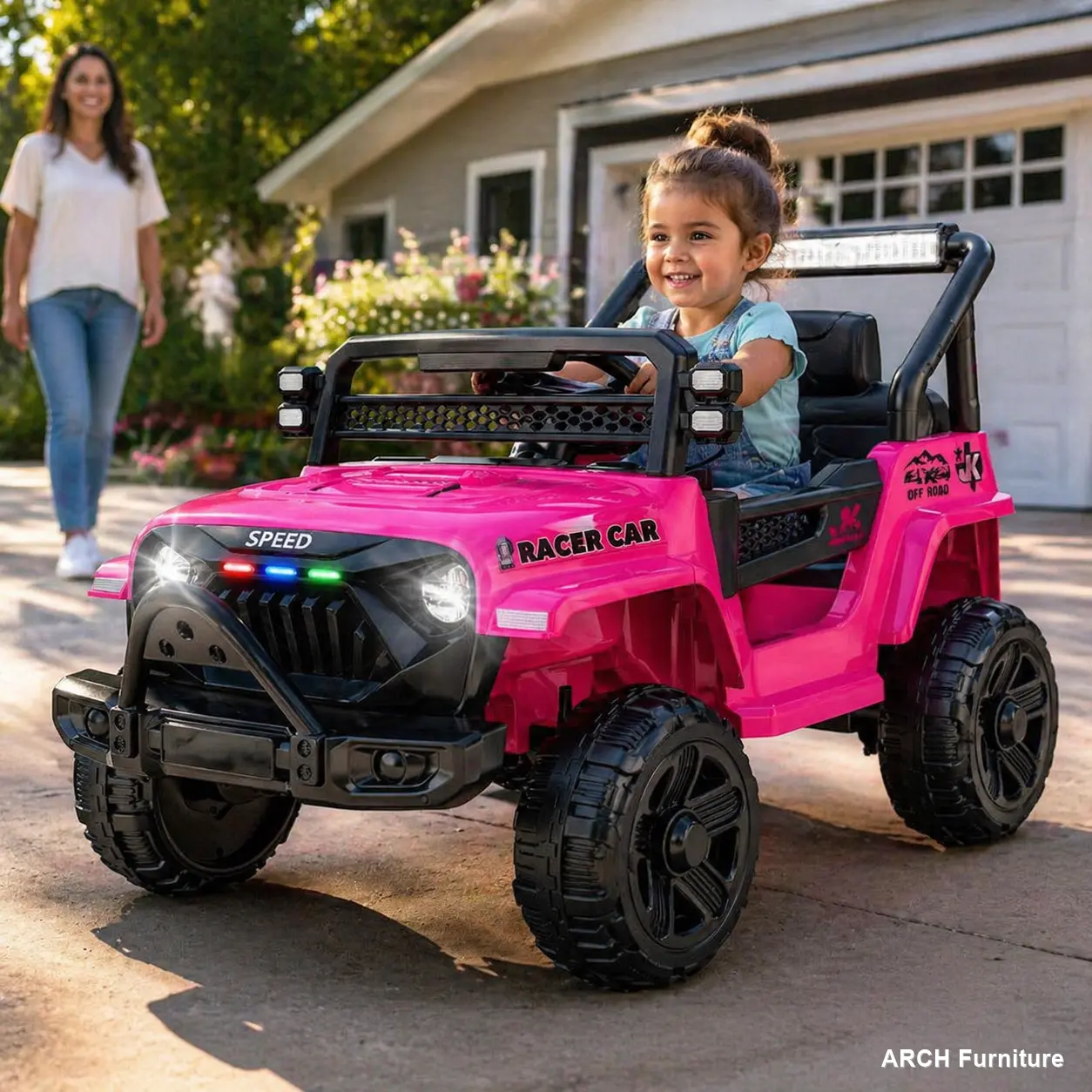 12V Kids Outdoor Play Ride-On Electric Truck Car - ARCH 2WD, 4-Wheel Suspension, Parental Control, Early Education Function, Adjustable Volume, USB, MP3, Bluetooth, Microphone Jack, Power Display, LED Lights for Kids Aged 1-4, Four Wheel Design