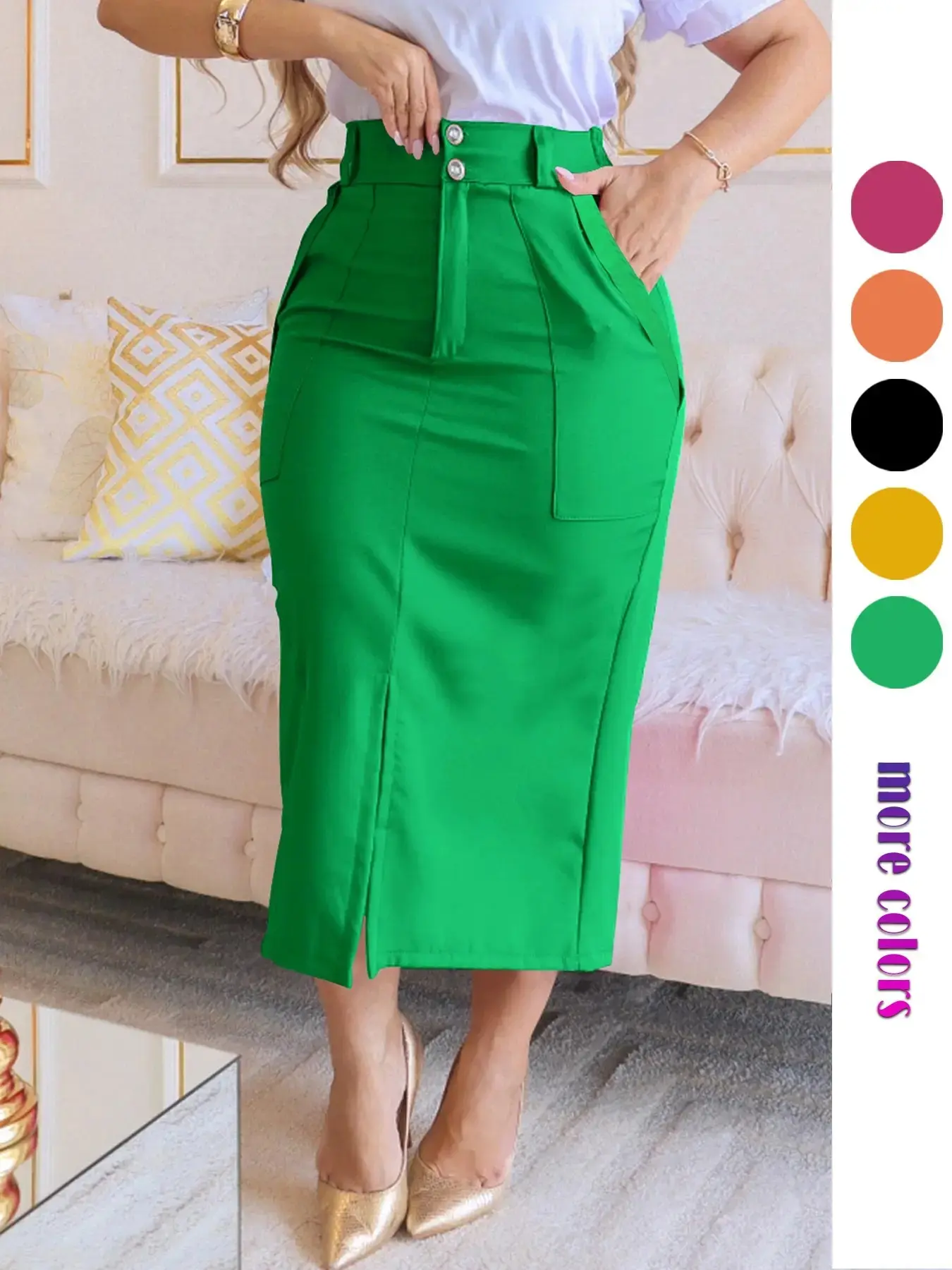 Women's Plain Split-Thigh Fitted Pencil Skirt High-Waisted Pockets Formal Office All Seasons 2026