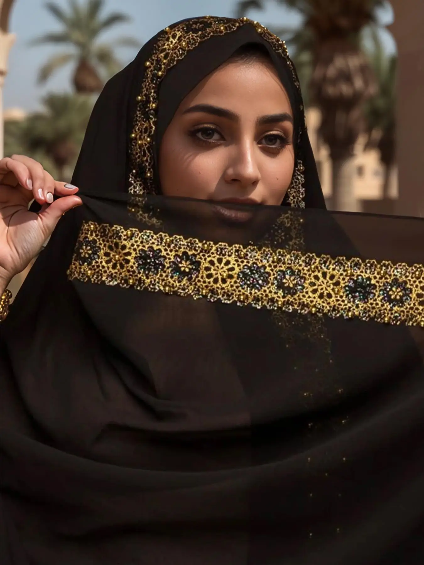 Women's Glitter Lace Trim Khimar, Modest Solid Color Hijab for Women, Fashionable Muslim Clothing for Daily Wear