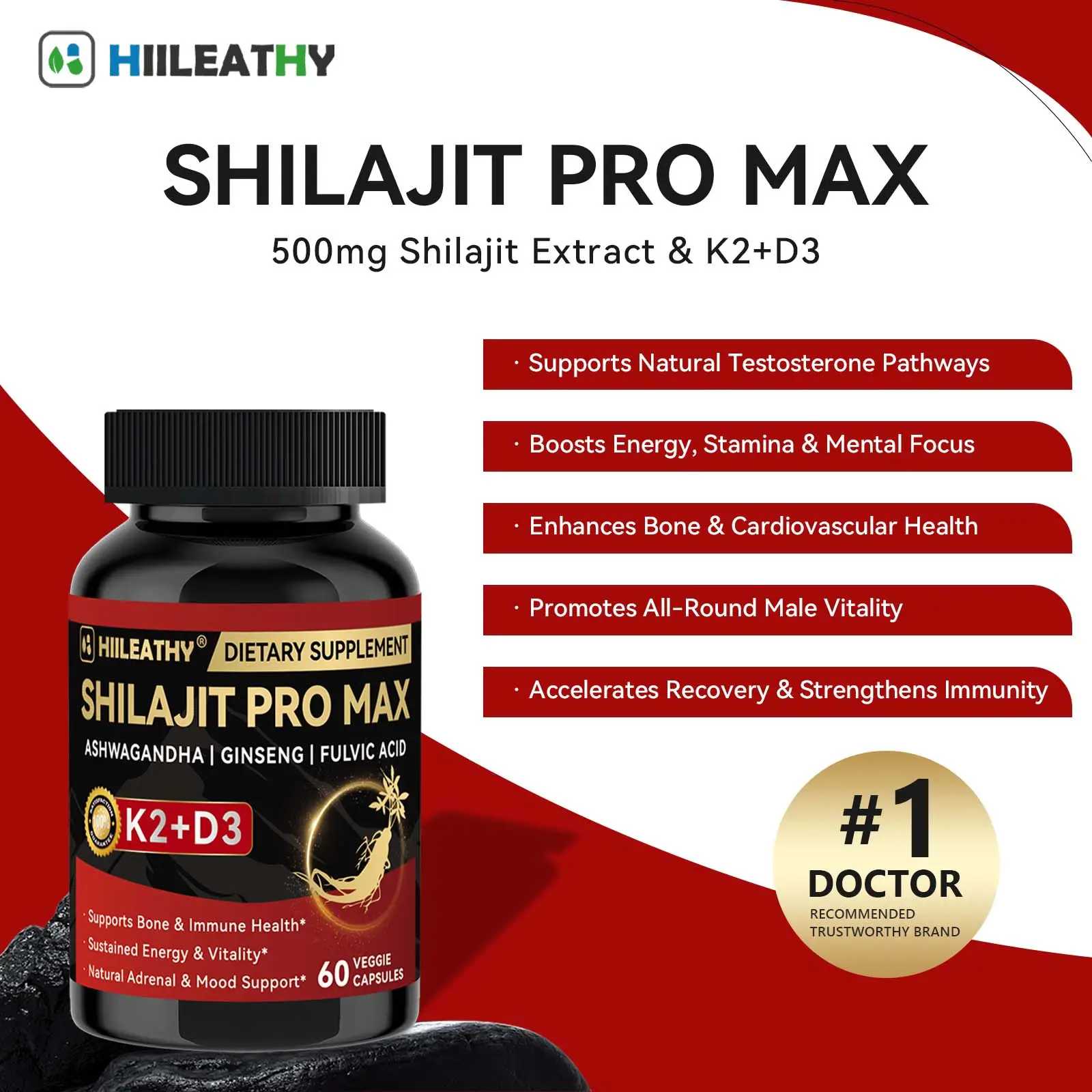 HIILEATHY Shilajit PRO MAX – 60 Capsules for Men & Women | High Strength 500mg Shilajit Extract with K2 + D3, Ashwagandha & Ginseng | Supports Healthy
