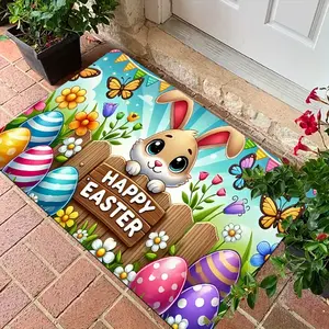 2D Flannel 1pc 1 Easter Bunny and Egg Designed Welcome Mat | Non-Slip Polyester Floor Mat with Vivid Floral and Butterfly Patterns, Suitable for Indoor, Outdoor Use in Kitchen, Laundry Room, and Bathroom, Interesting and Durable Design