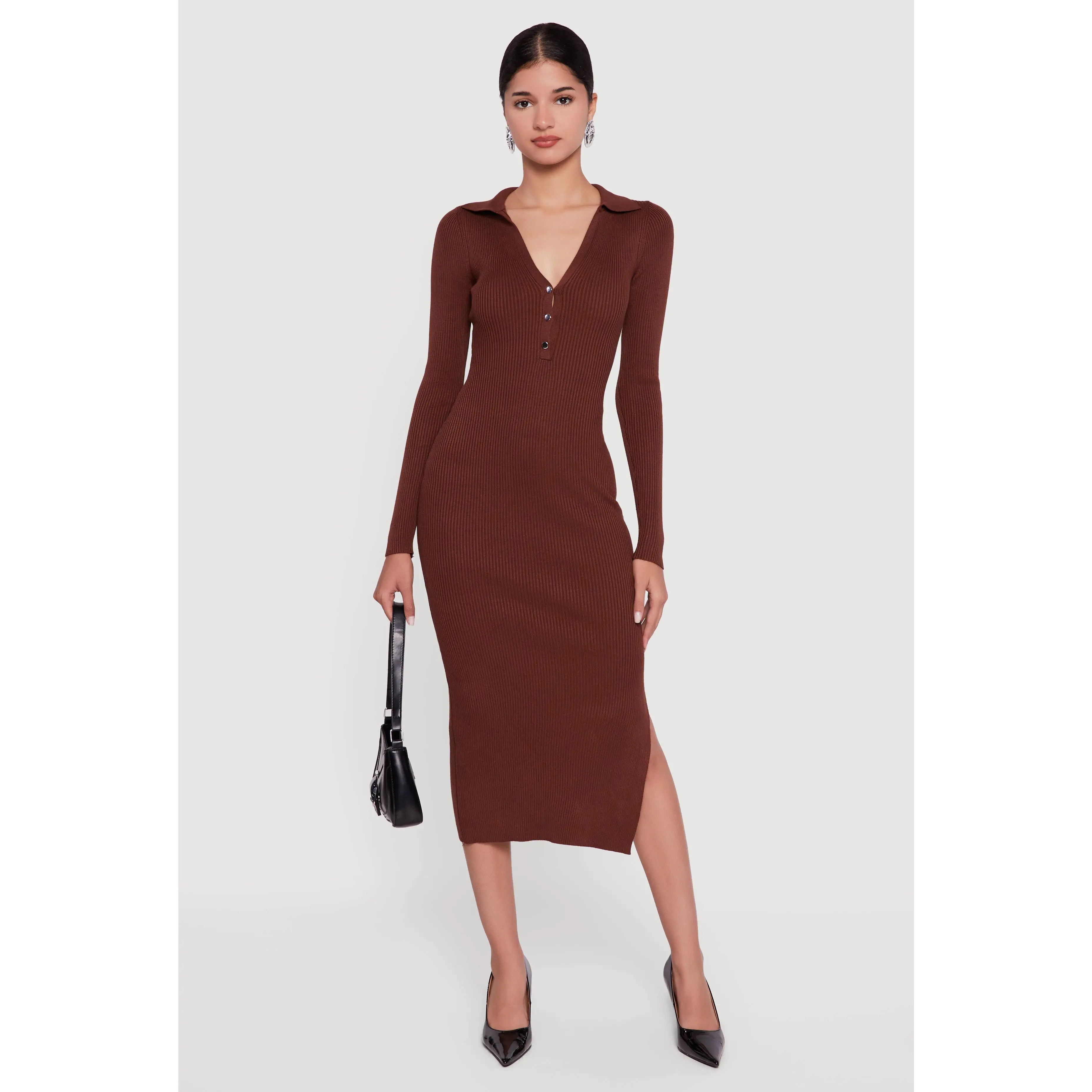 Ribbed Knit Midi Sweater Dress with Side Slit