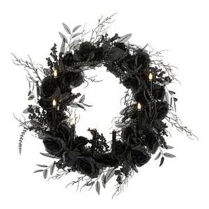 Mr. Halloween Spooky Lane Black Rose Wreath with Candles