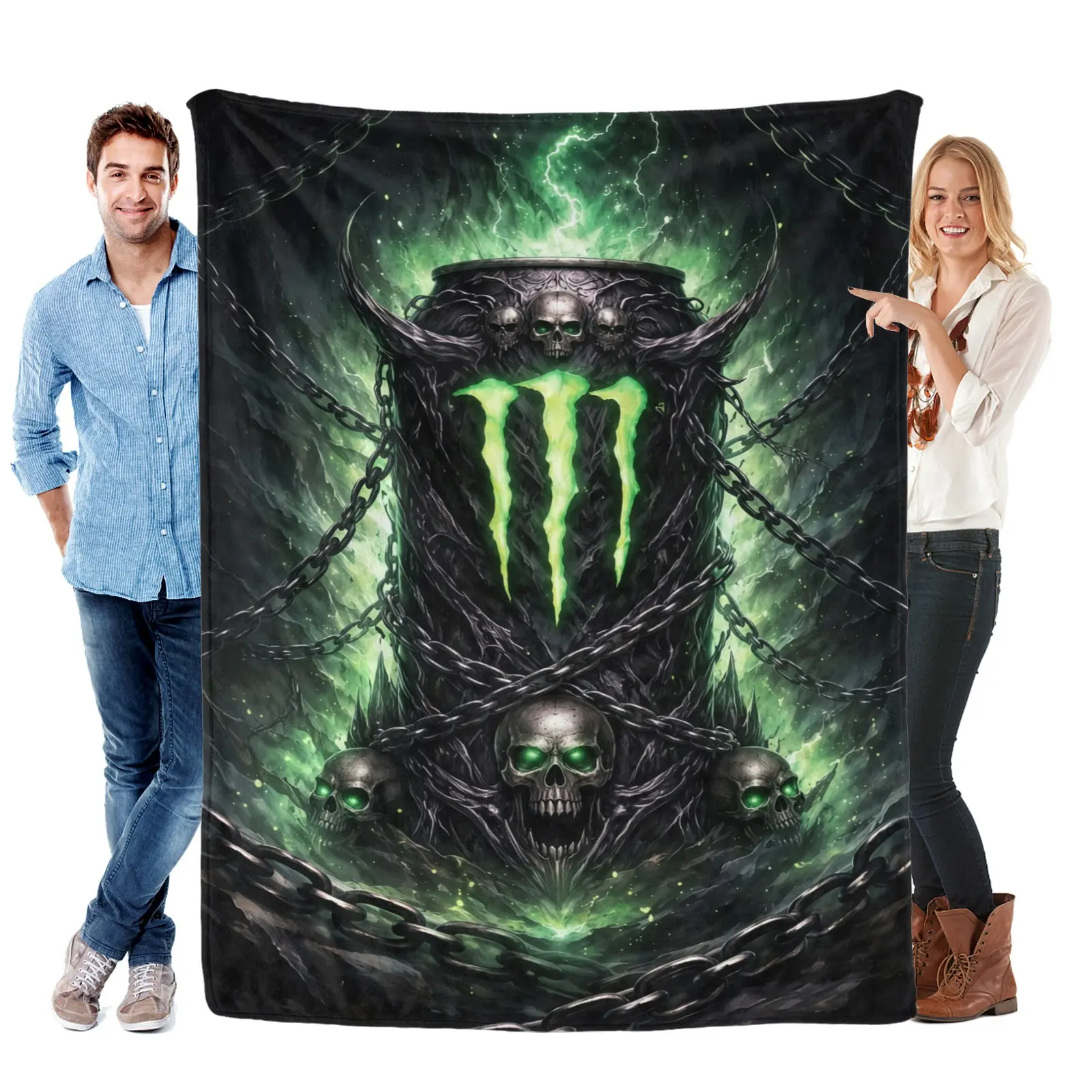 Monster Energy Inspired Skull Throw Blanket, Dark Green Gothic Horror Flannel Fleece Blanket, Creepy Monster Style Soft Warm Cozy Blanket for Bedroom Sofa Gaming Room Decor, Unique Gift for Metal Fans, Halloween Lovers & Alternative Style Collectors
