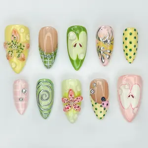 Green Garden Press On Nails | 3D Floral Accents, Ladybug Charms & Whimsical Pastel Nail Art | Handmade Nature-Inspired Nail Set