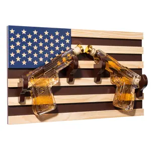 Pistol Whiskey Decanter Set of 2 300ml On American Flag Wall Rack by The Wine Savant - Tik Tok Gun Decanter, Veteran Gifts, Military Gifts, Home Bar Gifts, Law Enforcement Gifts