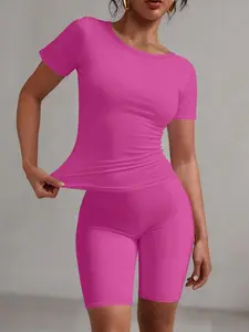 Women's Solid Color Crop Top & Shorts Set, Basic Casual Comfy Fitted Round Neck Short Sleeve Tee & Skinny Shorts, Ladies Clothes for Daily Wear, 2 Pieces Women Suits