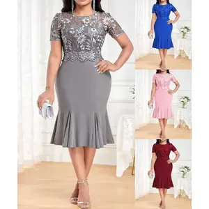 Mother of the bride dresses 2025  skirt embroidery stitching dress slim colorblock print dress mom red dress mother groom dress  long sleeve high neck dress targeted WOMEN'S casual dresses