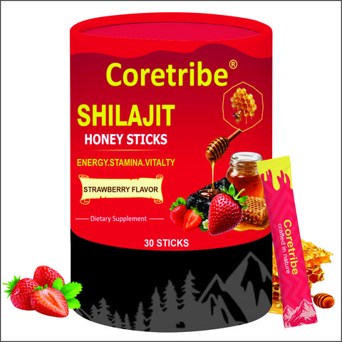 Coretribe Organic Himalayan Shilajit Honey Sticks - 30 Strawberry & Chocolate Flavored Sticks, Easy-to-Consume, 85+ Trace Minerals, 75%+ Fulvic Acid, Lab-Tested Purity, Energy Boost, Immune Support, Recovery, Vitality, Nutrient Absorption, Berry Flavored