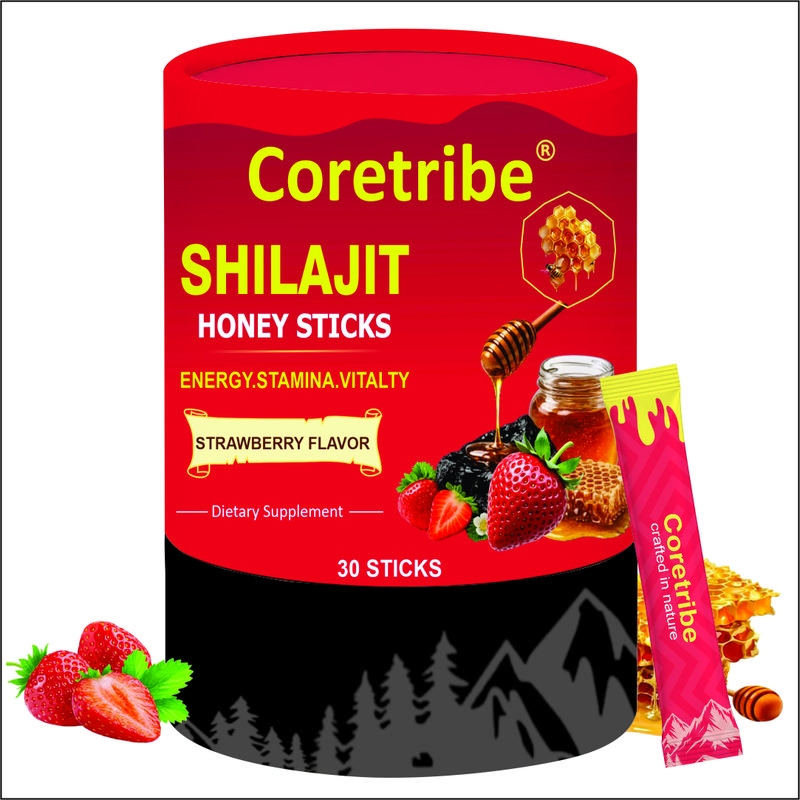 Coretribe Organic Himalayan Shilajit Honey Sticks - 30 Strawberry & Chocolate Flavored Sticks, Easy-to-Consume, 85+ Trace Minerals, 75%+ Fulvic Acid, Lab-Tested Purity, Energy Boost, Immune Support, Recovery, Vitality, Nutrient Absorption, Berry Flavored