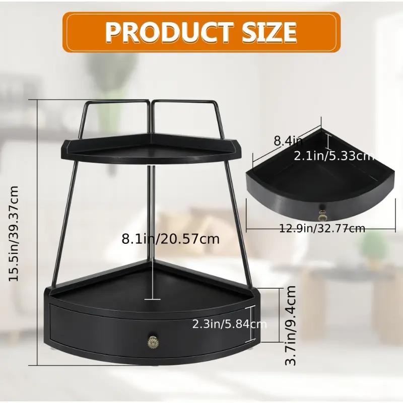 Elegant 2-Tier Black Wood Bathroom Counter Organizer with Drawer - Versatile Corner Storage Shelf for Cosmetics, bath Toiletries & Kitchen Spices - for Vanity Display, Bathroom Decor And Accessories Racks Wooden must-have multifunctional supply